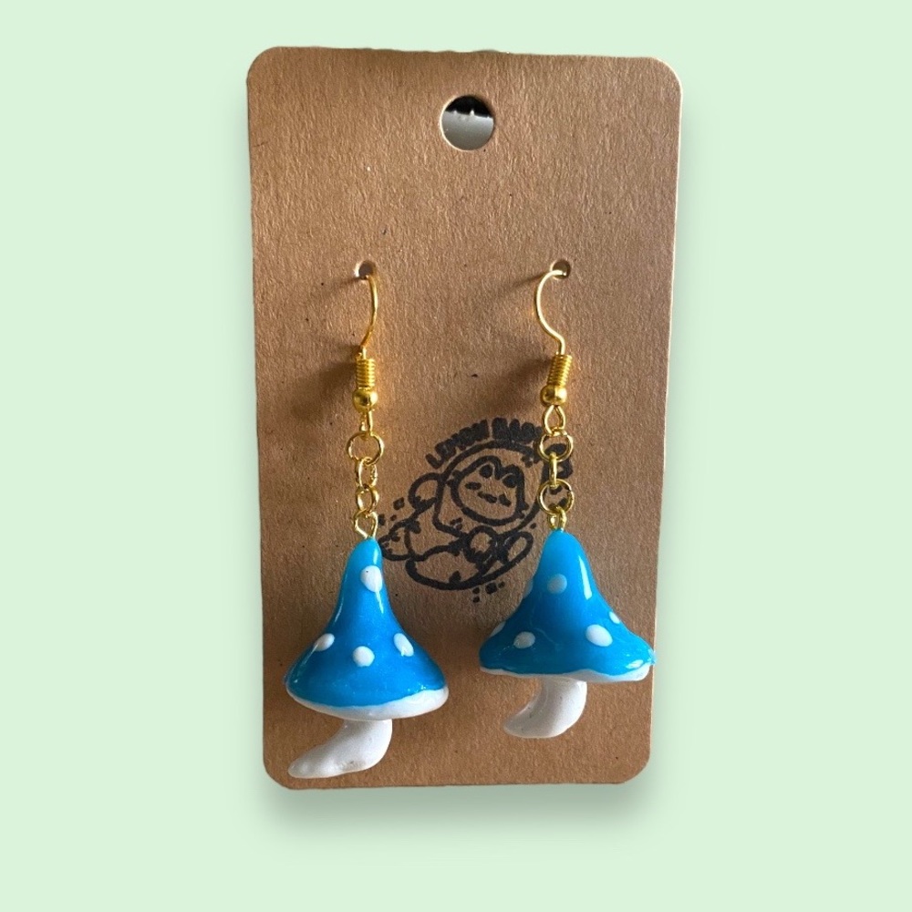 Handmade Blue Teal Mushroom Cottagecore Dangle Earrings - Polymer Clay and Resin